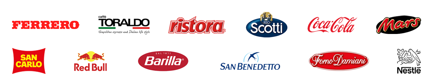 I marchi distribuiti da DAM: Ferrero, Toraldo, Ristora, Riso Scotti, Coca-Cola, Mars, San Carlo, Red Bull, Barilla, San Benedetto, Forno Damiani, Nestlé