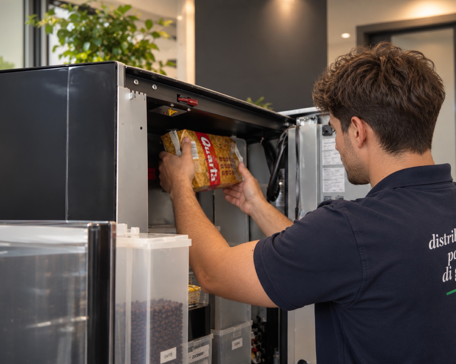 Operatore DAM Vending carica il caffè in grani in una macchina da caffè