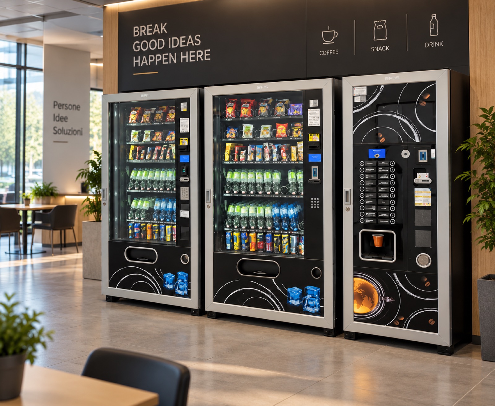 Tre distributori automatici DAM Vending: snack, bevande e caffè