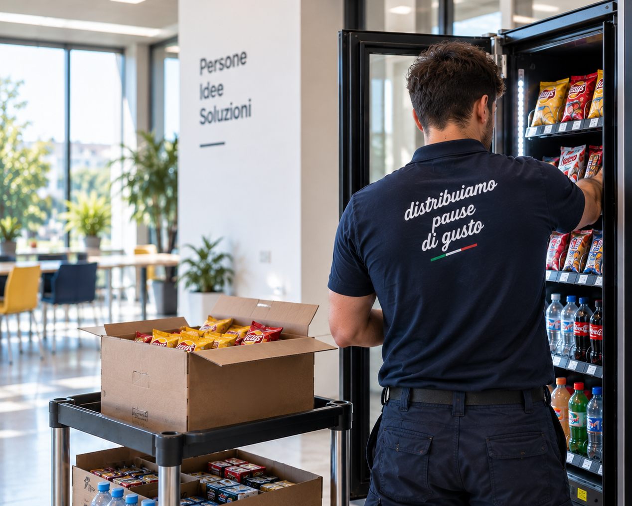 Addetto DAM Vending durante il rifornimento di un distributore automatico