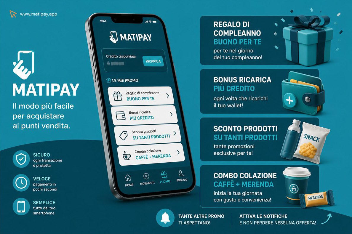 App Matipay: ricarica del credito, promozioni e pagamento dal telefono ai distributori DAM