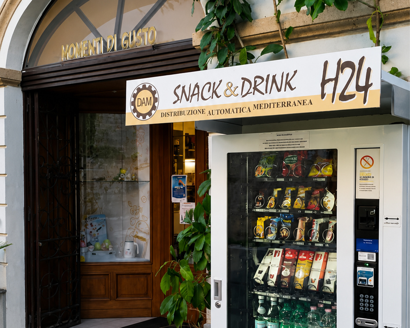 Punto Snack & Drink H24 di DAM Vending all'ingresso di Momenti di Gusto, a Parabita