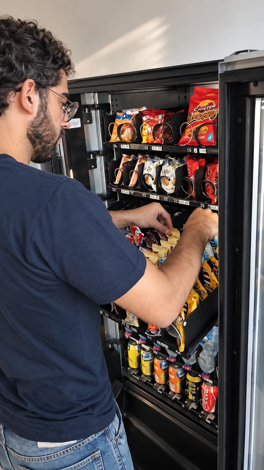 Operatore DAM Vending rifornisce un distributore automatico di snack e bevande
